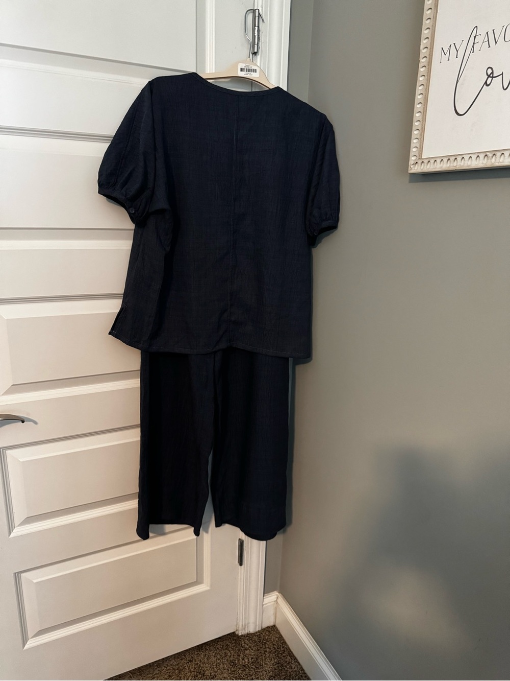 Women's Black Two-Piece Linen Blend Set - Short Sleeve Top & Wide Leg Pants